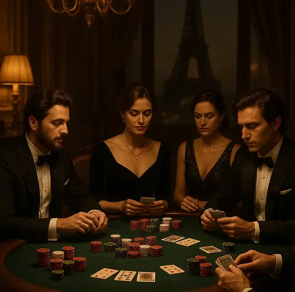 Live poker event in Paris hosted by EiffelDreams Elegant poker game in Paris with Eiffel Tower in background